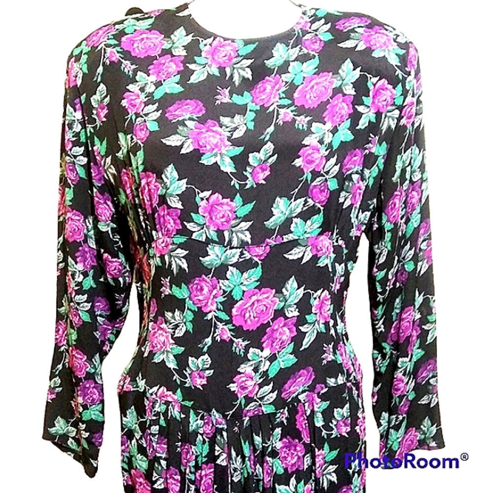 VINTAGE CLUES COLLECTIONS FLORAL RAYON CREPE DRESS 80s MIDI FAUX WRAP SKIRT